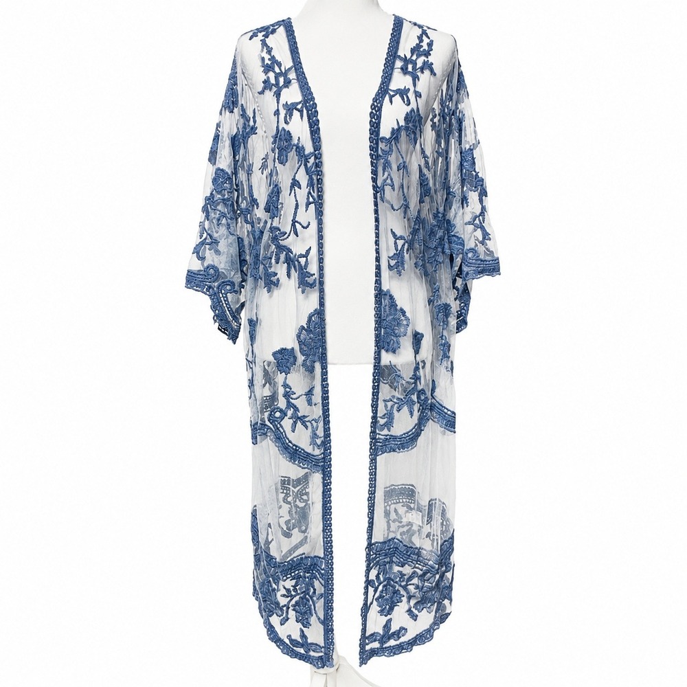 Anna-Kaci California Blue Floral Embroidered Mesh Kimono Cover Up Cardigan Boho